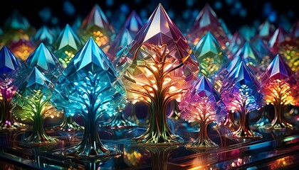 An imaginary forest made entirely of glass trees, reflecting and refracting light 