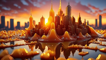 An abstract urban skyline, with buildings shaped like melting wax figures against a backdrop  - obrazy, fototapety, plakaty