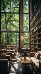 Modern library interior with large windows and wooden furniture