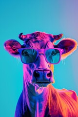 A cow with a hipster vibe stands out in neon shades, blending farm life with a burst of pop art