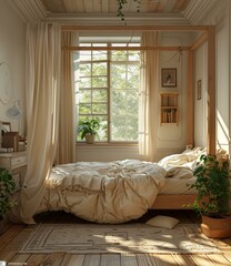 Cozy bedroom with a wooden bed frame, white curtains, and plants