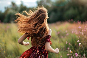 Young Red Haired Woman in Dress Running Through a Field and Her Beautiful Hair Flowing Behind Her