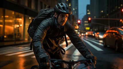 Fototapeta na wymiar Cyclist riding in the city at night