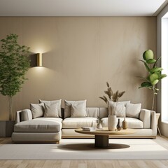 A modern living room with a large sofa, coffee table, plants, and a lamp