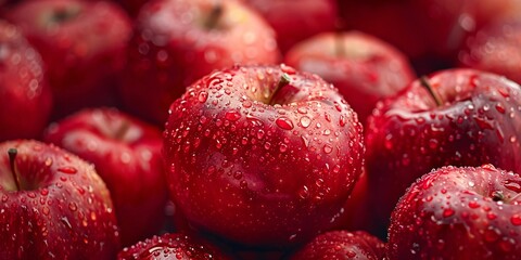 Close-up view of red apples covered in water droplets, focusing on their shiny, textured surfaces.