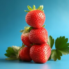 Four strawberries stacked on top of each other with green leaves