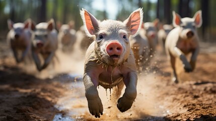 A cute piglet is running in the mud