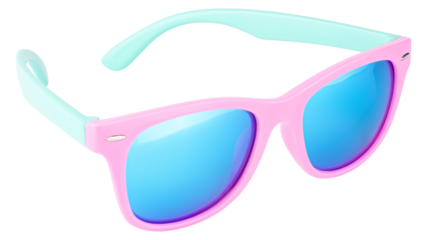Sunglasses. Glasses with blue lenses. Colorful sun protection frames. Eyewear for summer. White isolated background. Eyeglasses for kids. Pink frames. Fashionable accessory for sunlight. Fun eyesight.