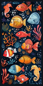 Underwater illustration of a variety of fish and sea life