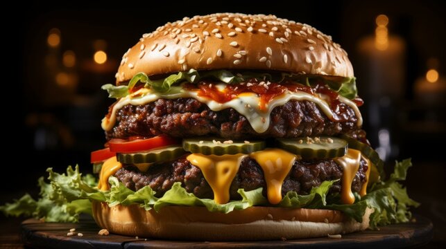 yummy double cheeseburger with pickles closeup