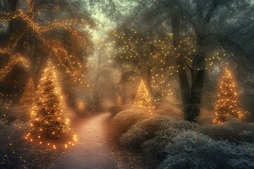 Pathway through an enchanted forest with illuminated Christmas trees
