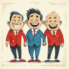 Three businessmen of different ages are holding hands and laughing happily - obrazy, fototapety, plakaty