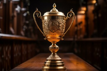 Ornate golden trophy sitting on a wooden table against a dark background