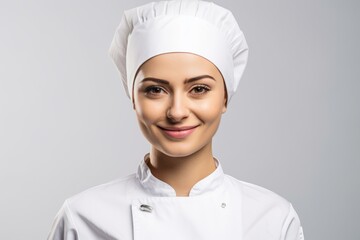 portrait of a young female chef wearing a white toque smiling at the camera