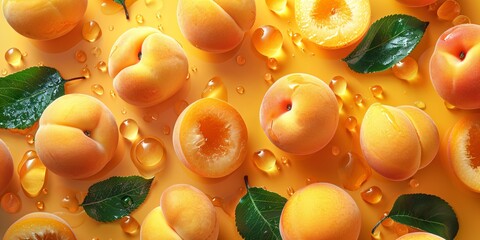 A vibrant display of fresh apricots, whole and halved, with glistening drops and green leaves on a bright yellow background.