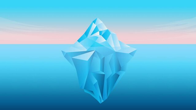 Iceberg floating in the sea animation - Calm antarctic ocean scene with split view ice mountain in water showing half under water and other half on top of sea. Animated background in flat design