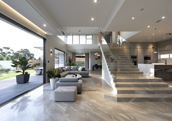 Modern house interior with open floor plan and marble staircase
