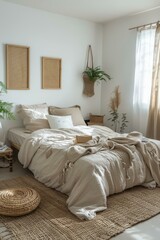 Airy and bright bedroom with neutral colors and natural materials