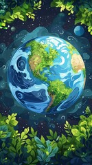 lush green earth from space surrounded by leaves - obrazy, fototapety, plakaty