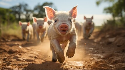 Piglets running on a dirt road