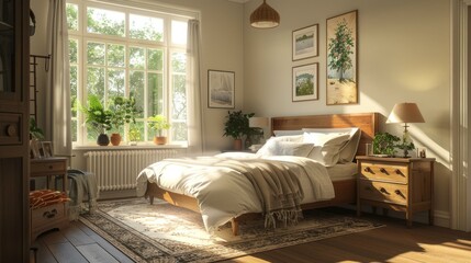 Cozy bedroom with large windows and plants