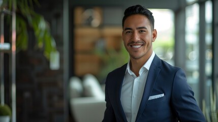  Confident professional young man smiling in an office environment.