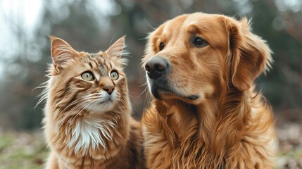   A cat and dog on a field with trees in the background, one cat facing the camera