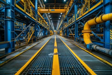 An industrial interior with blue and yellow pipes and walkways