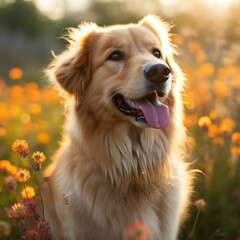 Obraz premium A golden retriever dog sits in a field of yellow flowers