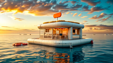 Houseboat floating on top of body of water with sunset in the background. - Powered by Adobe