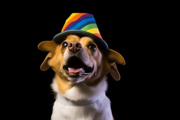 A happy dog wearing a rainbow hat