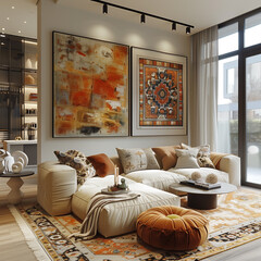 Elegant drawing room with white walls, track lighting, and contemporary artwork