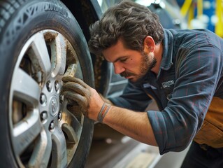 A man is working on a tire, wearing gloves. The tire is dirty and has a few scratches on it. The man seems to be focused on his task, and the overall mood of the image is serious and focused