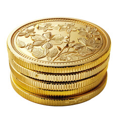 A stack of gold coins with a floral design