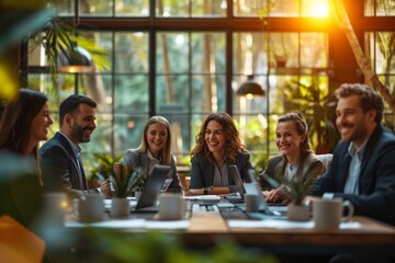 Fototapeta premium A group of business professionals having a meeting in a bright, modern office space