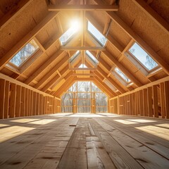 Attic room with wooden roof trusses and skylights