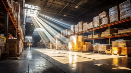 Warehouse interior with boxes on shelves and sunlight shining through the roof