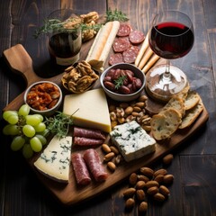 A wooden board with a variety of cheeses, charcuterie, nuts, and grapes