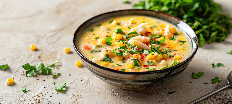 Bowl of corn soup with crab meat