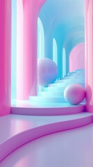 Pink and blue pastel color 3D rendered background with stairs and pink balls