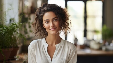 Portrait of a beautiful young woman with curly hair smiling