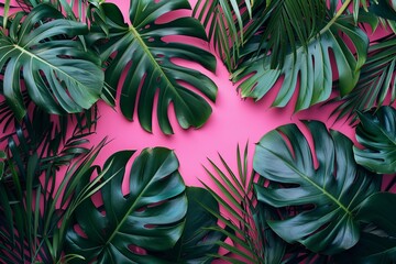 Fototapeta na wymiar monstera or palm leaves over the entire surface of the pink background