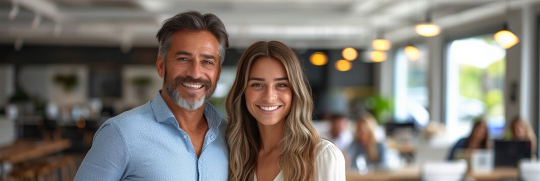 An affectionate colleague embraces in the open-plan office, radiating happiness and friendship. - Powered by Adobe