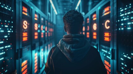 Defending Digital Fortresses Network Security Expert Protecting Glowing Servers from Cyber Threats in Dark Data Center