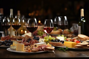 An assortment of red and white wine, cheese, and fruit on a wooden table.
