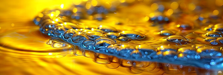 Aqua liquid forms a reflective surface with raindrops, portraying freshness in a macro view.