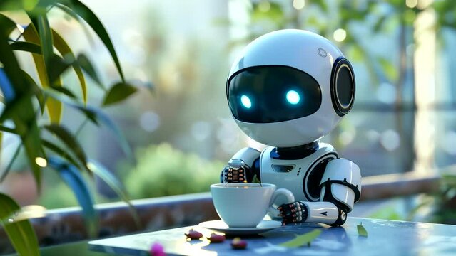 Animated background of a robot enjoying coffee at cafe. looping time-lapse video