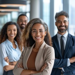 Group of smiling business professionals posing in an office