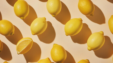 Whimsical Lemon Delight: Flatlay Pattern of Lemons on Pastel Peach Background