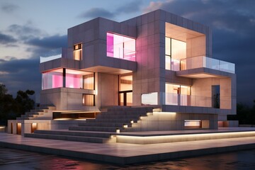 A modern house with a geometric design and pink lighting